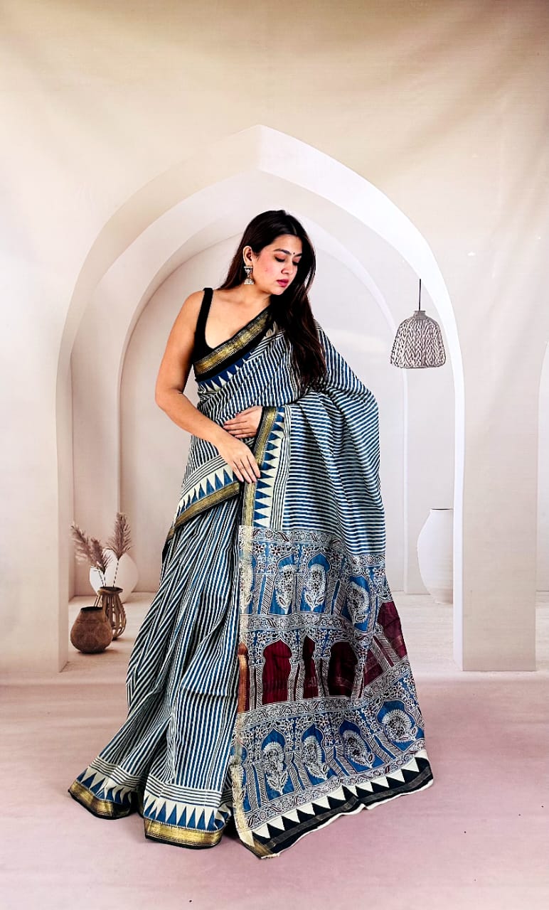 Modern Geometric Hand Block Printed Maheshwari Silk Saree in Neelambari Blue