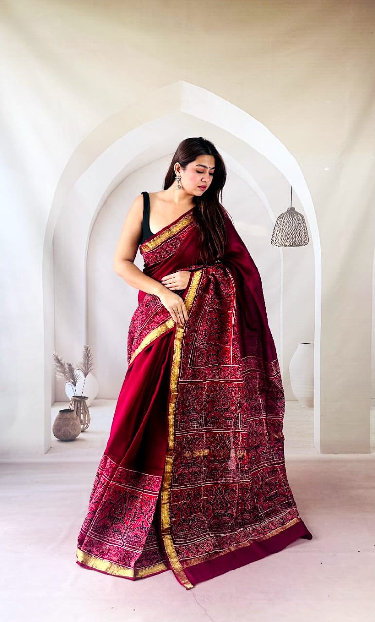 Premium Hand Block Printed Maheshwari Silk Saree in Deep Kumkum 1058
