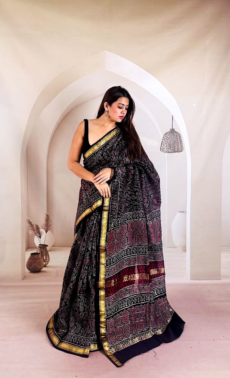 Elegant Hand Block Printed Maheshwari Silk Saree in Jamuni Night 1059