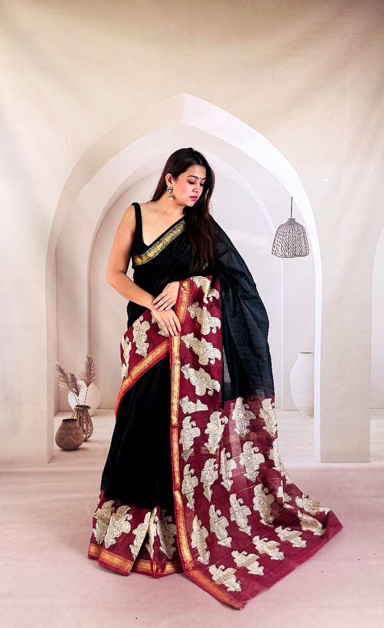 Regal Black & Maroon Hand Block Printed Maheshwari Silk Saree 1060