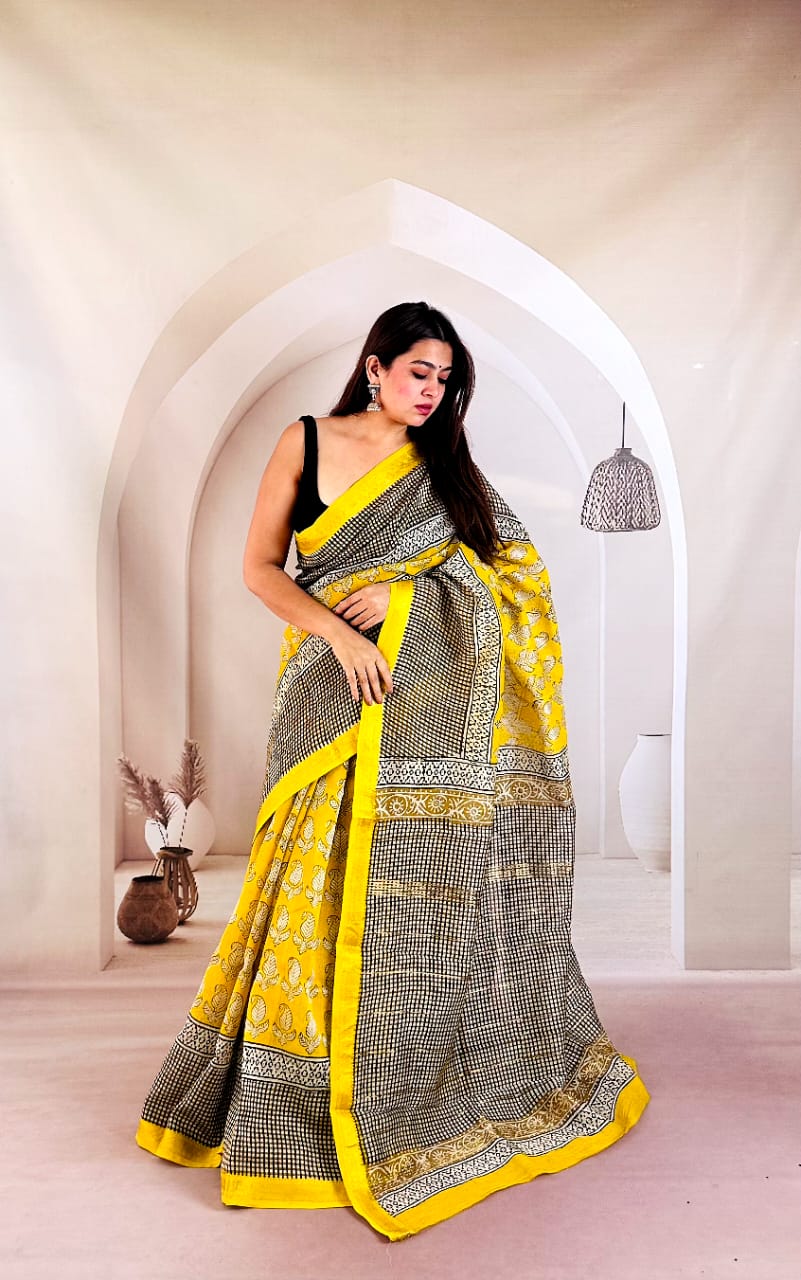 Vibrant Peetambari Yellow Hand Block Printed Maheshwari Silk Saree 1061