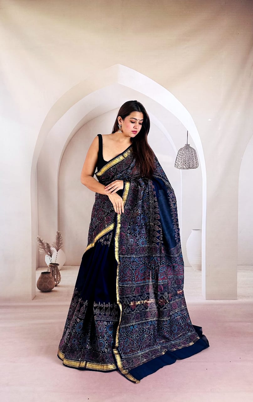 Deep Neela Jamuni Floral Hand Block Printed Maheshwari Silk Saree 1062