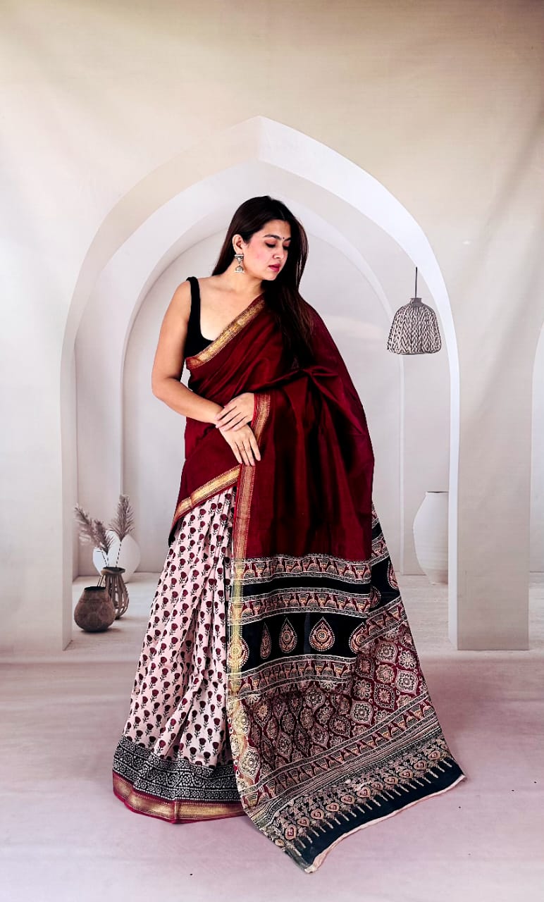 Rakta Chandan Red & White Hand Block Printed Maheshwari Silk Saree 1063