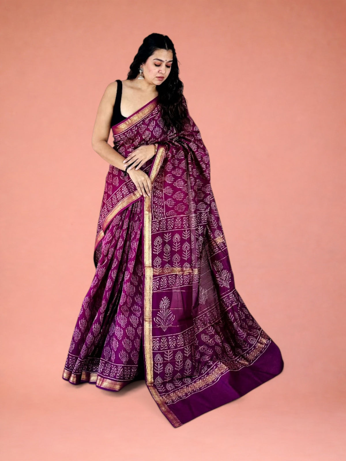 Elegant Baigani Rani Purple Hand-Block Printed Authentic Pure Maheshwari Silk Saree 1064