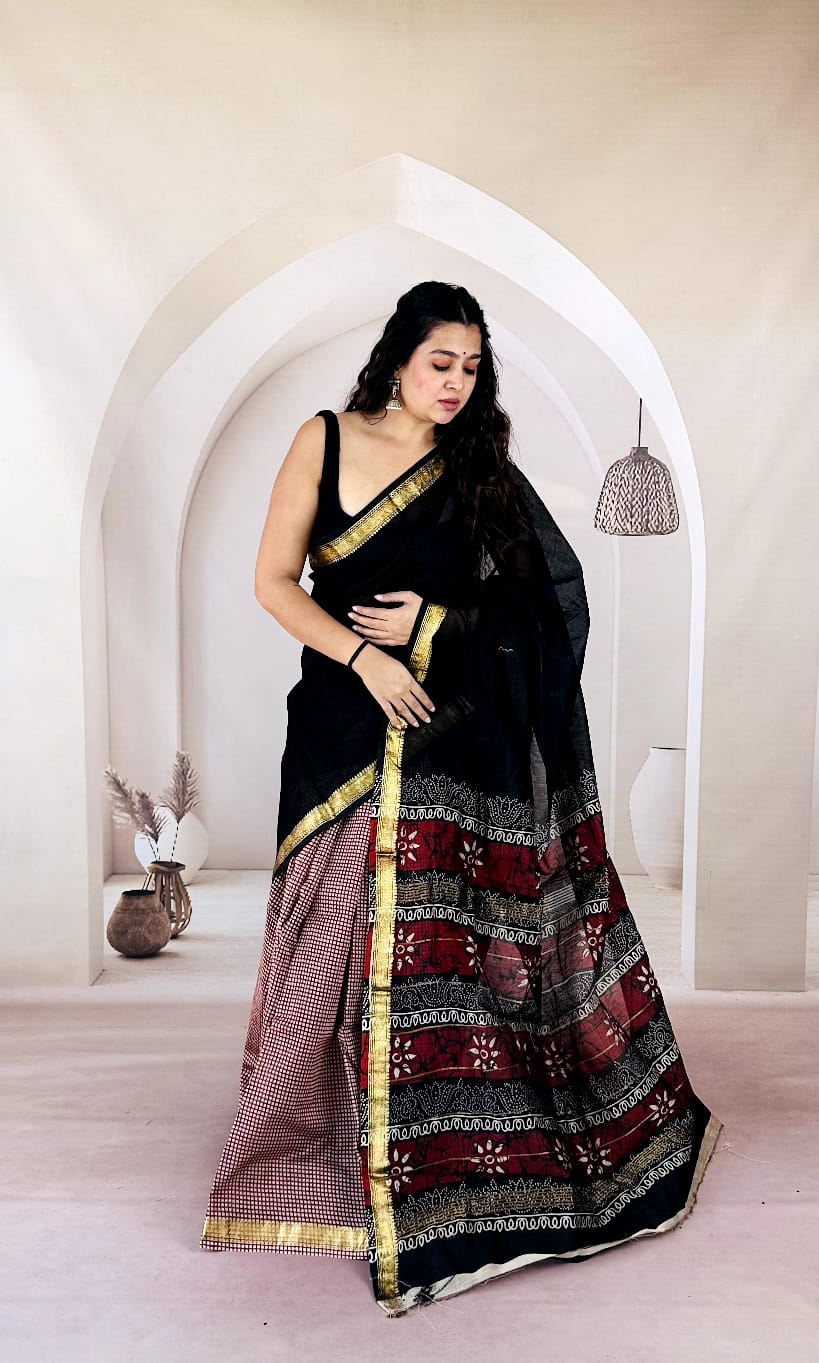 Artisan Karigari Black Hand Block Printed Maheshwari Silk Saree 1065
