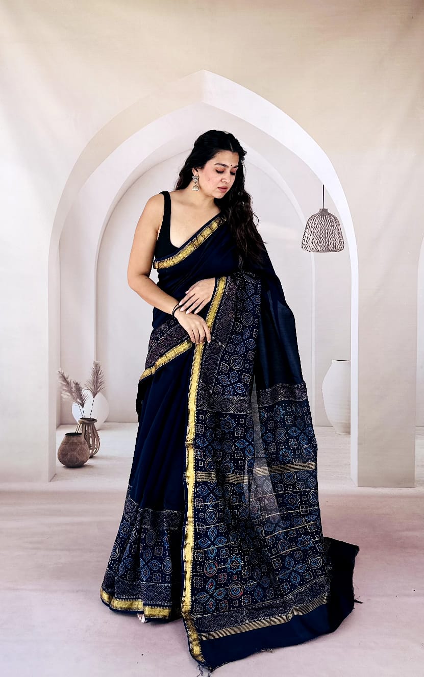 Raat Rani Blue Hand Block Printed Maheshwari Silk Saree 1069