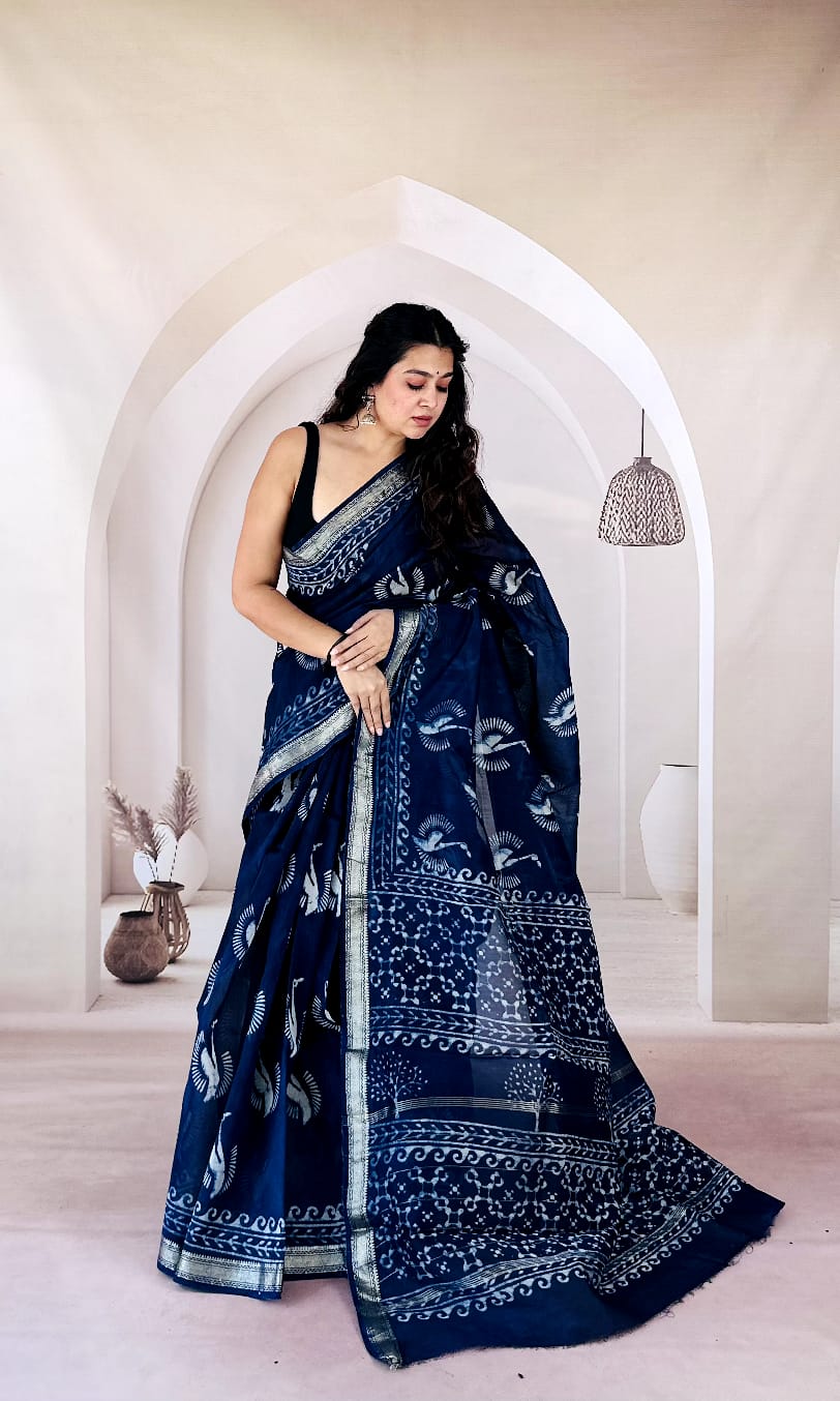 Hansa Indigo Hand Block Printed Maheshwari Silk Saree 1070