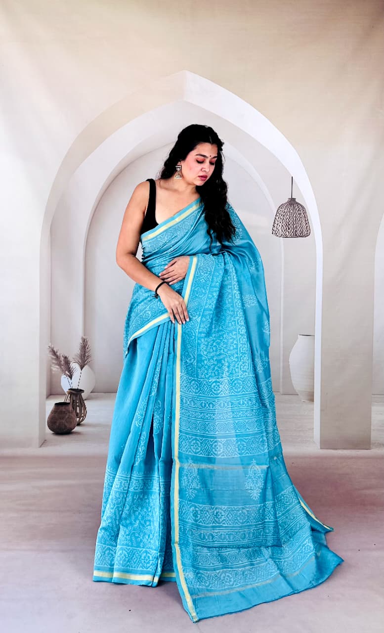 Firozi Jaal Hand Block Printed Maheshwari Silk Saree 1072