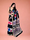 Rani Polka Noir Hand Block Printed Maheshwari Silk Saree 1074