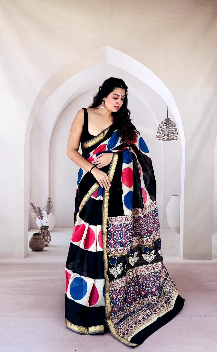 Rani Polka Noir Hand Block Printed Maheshwari Silk Saree 1074
