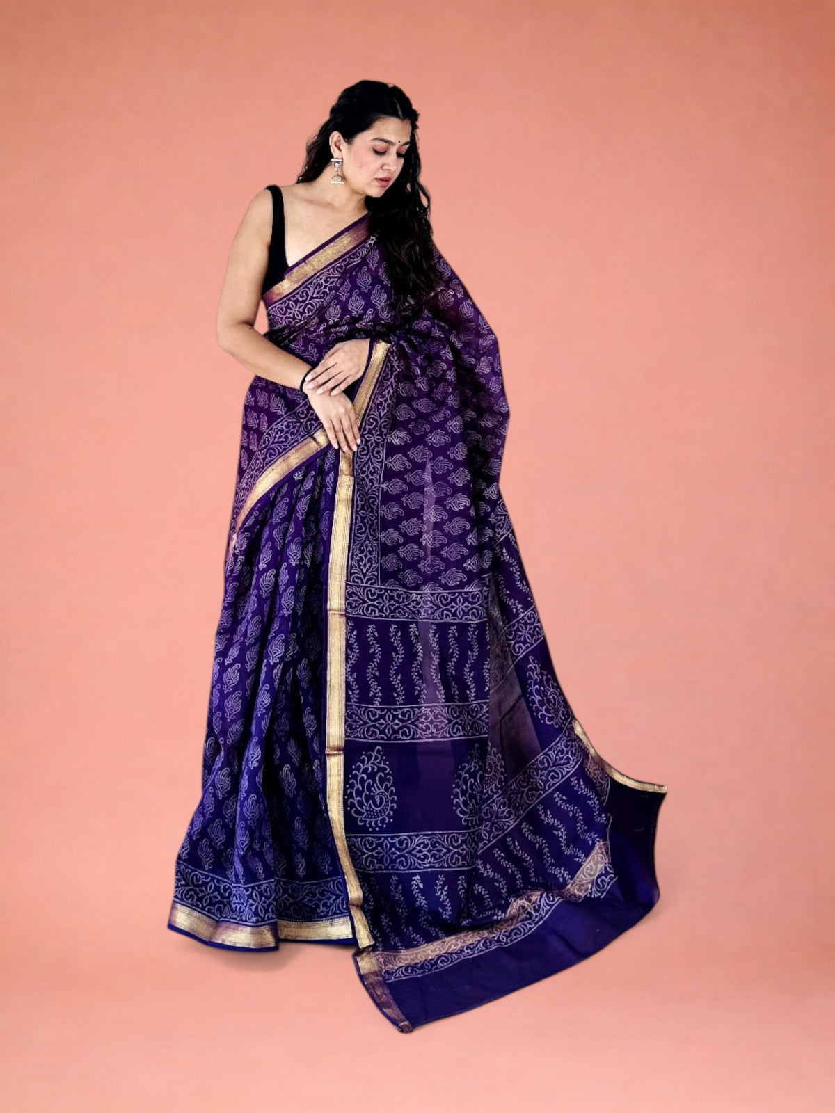 Neel-Baigani Hand Block Printed Maheshwari Silk Saree 1076