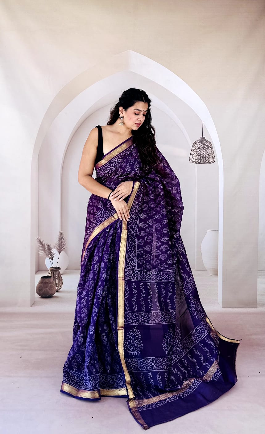 Neel-Baigani Hand Block Printed Maheshwari Silk Saree 1076