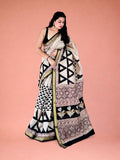 Tri-Shakti Greyscale Geometric Hand Block Printed Maheshwari Silk Saree 1077