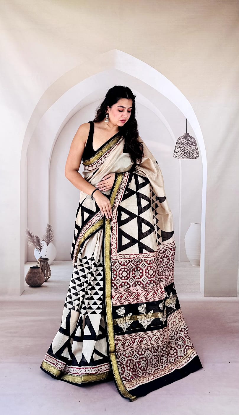 Tri-Shakti Greyscale Geometric Hand Block Printed Maheshwari Silk Saree 1077
