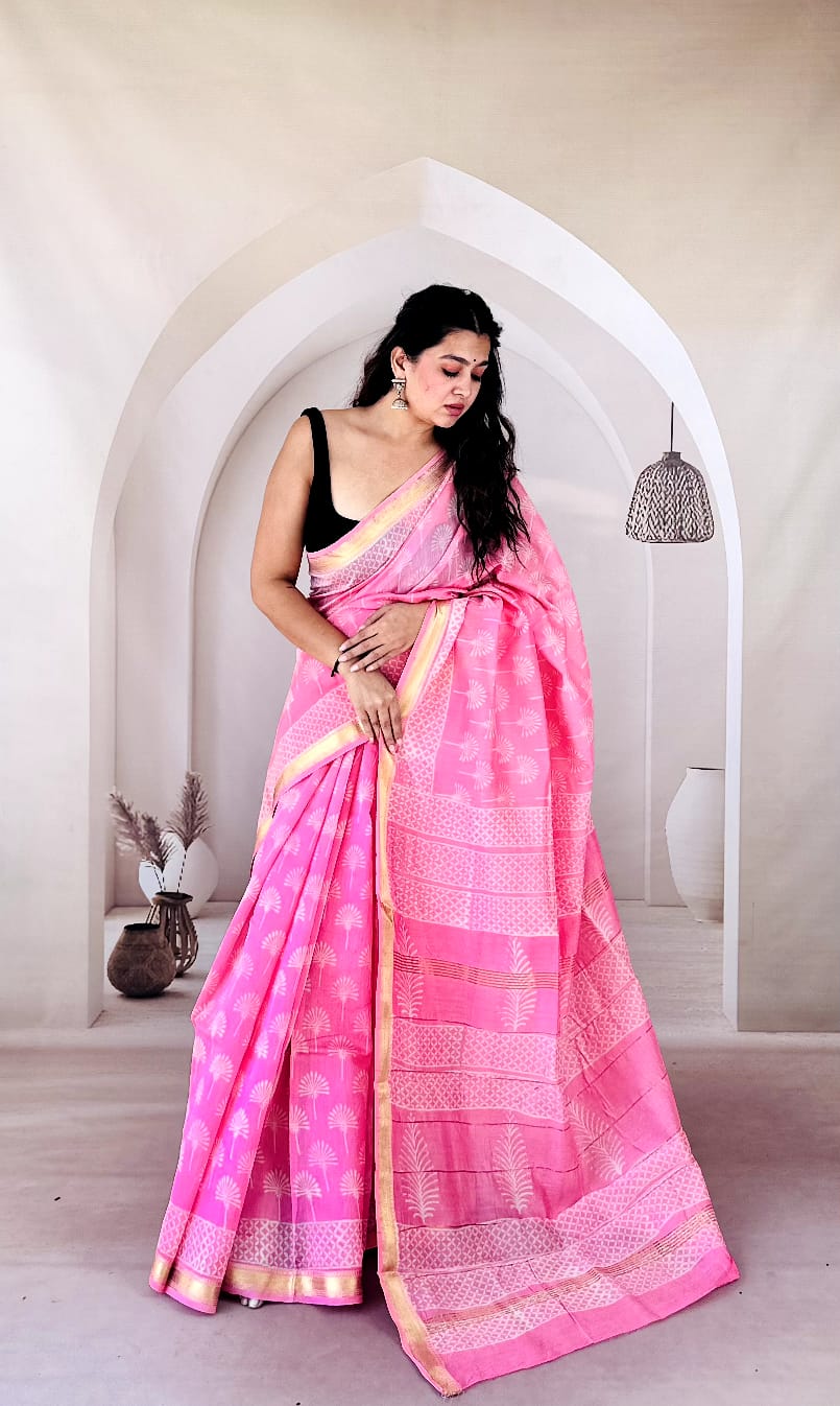 Gulaabi Dhoop Floral Hand Block Printed Maheshwari Silk Saree 1078