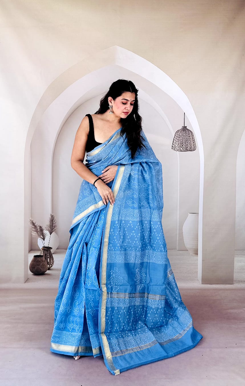 Firozi Buti Hand Block Printed Maheshwari Silk Saree 1079