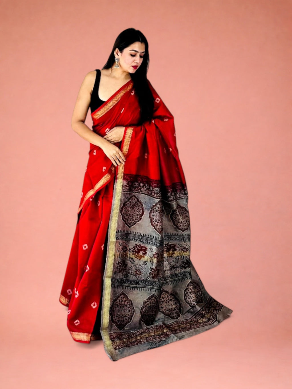 Sindoor Grey Bandhni Style Hand Block Printed Maheshwari Silk Saree 1081