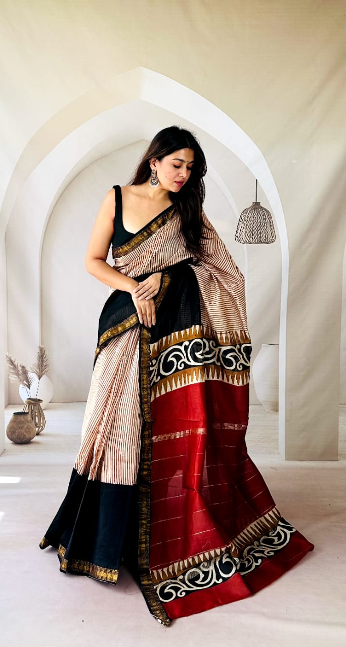 Kora Syahi Rekha Striped Hand Block Printed Pure Authentic Maheshwari 1082 Silk Saree