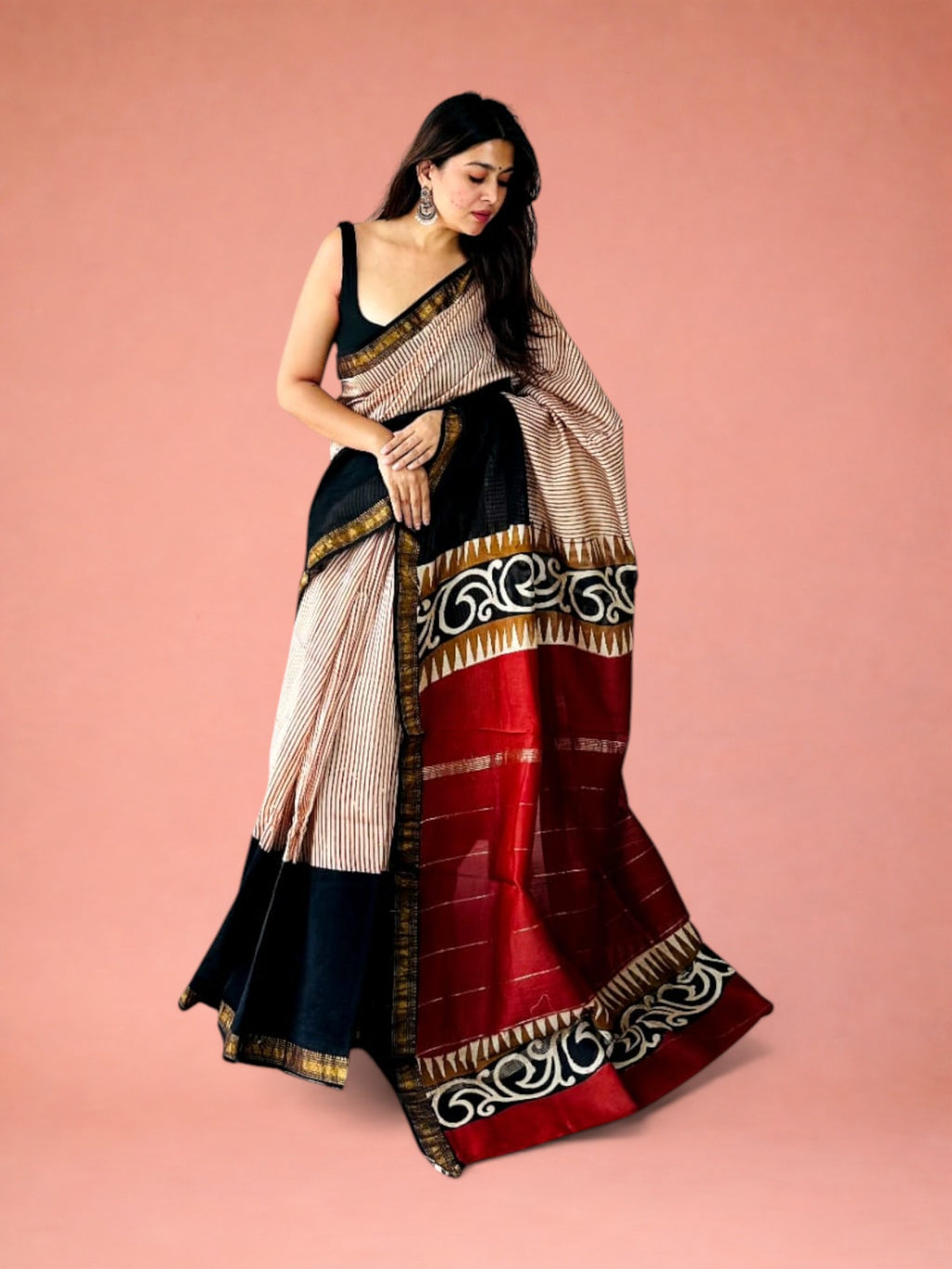 Kora Syahi Rekha Striped Hand Block Printed Pure Authentic Maheshwari 1082 Silk Saree