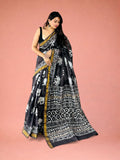 Gaja Noir Elephant Hand Block Printed Maheshwari Silk Saree 1083