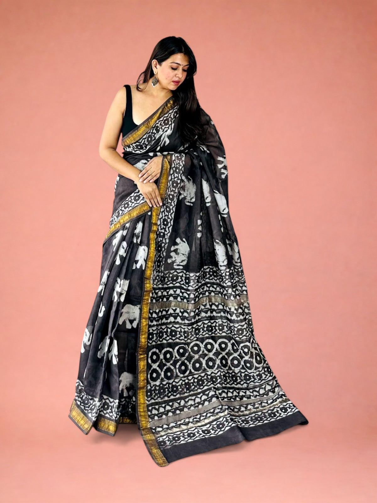 Gaja Noir Elephant Hand Block Printed Maheshwari Silk Saree 1083