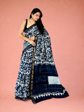 Indigo Vana Jaal Hand Block Printed Maheshwari Silk Saree 1084