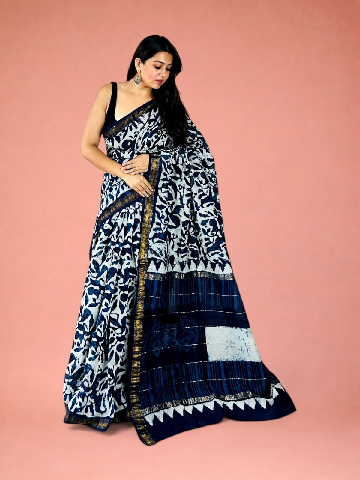 Indigo Vana Jaal Hand Block Printed Maheshwari Silk Saree 1084