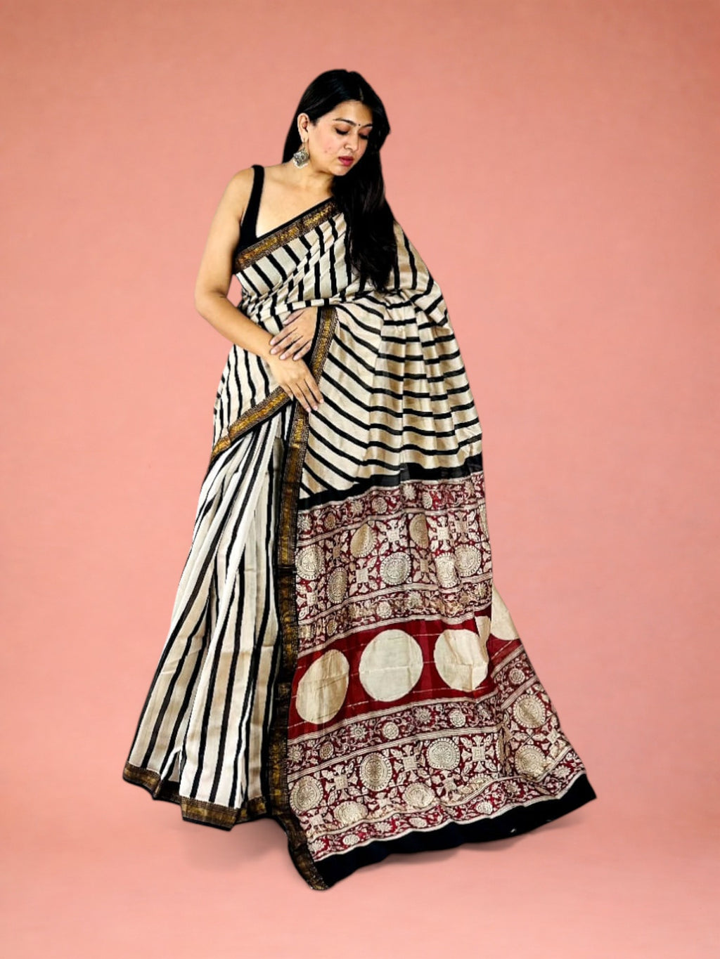 Madder Rekha Noir Striped Hand Block Printed Maheshwari Silk Saree 1085
