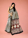 Madder Rekha Noir Striped Hand Block Printed Maheshwari Silk Saree 1085