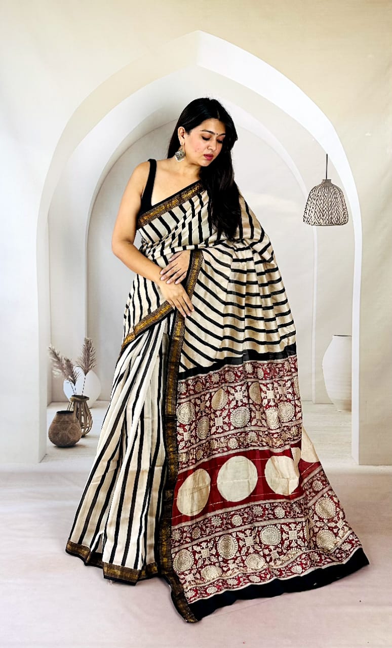 Madder Rekha Noir Striped Hand Block Printed Maheshwari Silk Saree 1085