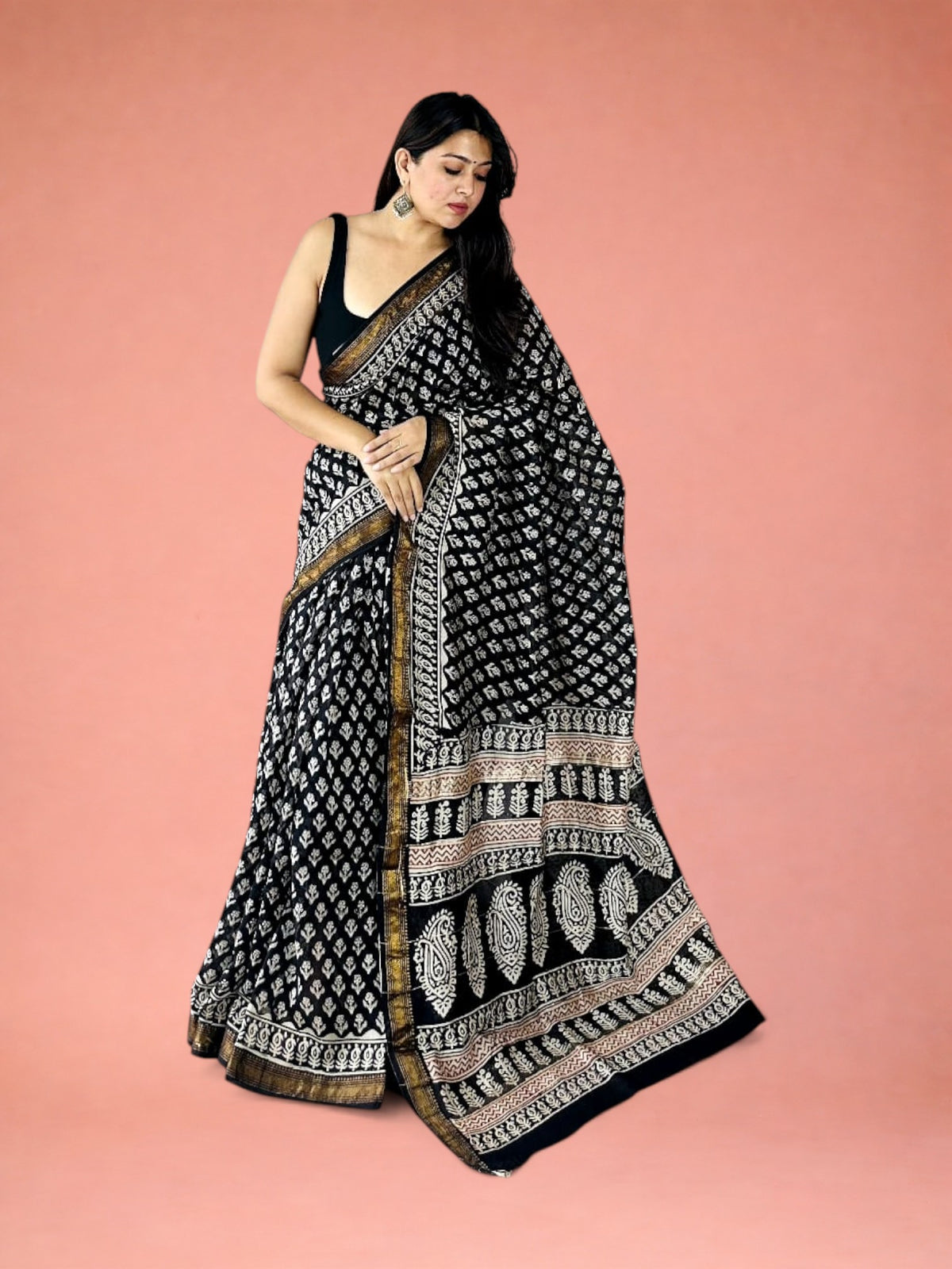 Syahi Buti Floral Hand Block Printed Maheshwari Silk Saree 1086