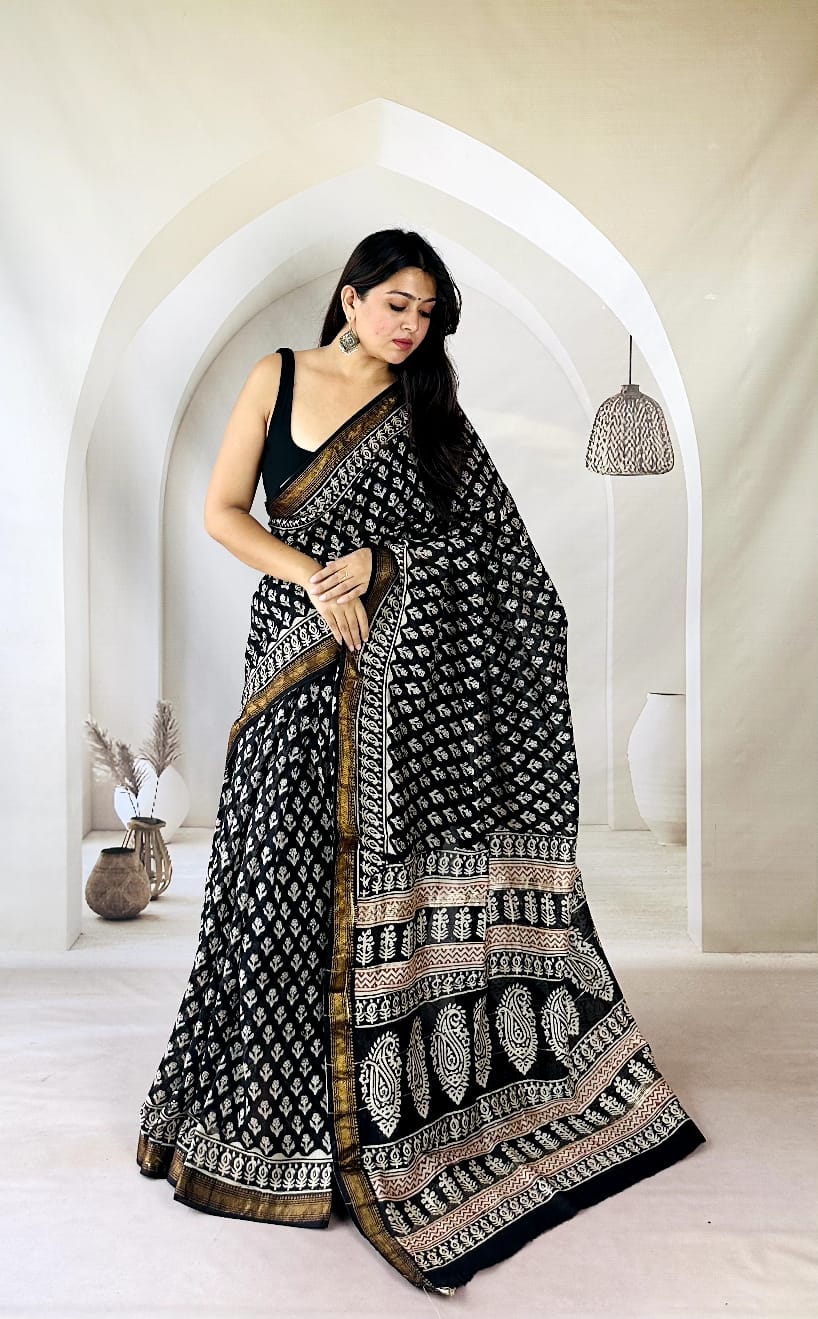 Syahi Buti Floral Hand Block Printed Maheshwari Silk Saree 1086