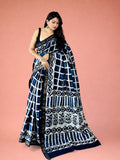 Indigo Chowkadi Checked Hand Block Printed Maheshwari Silk Saree 1087