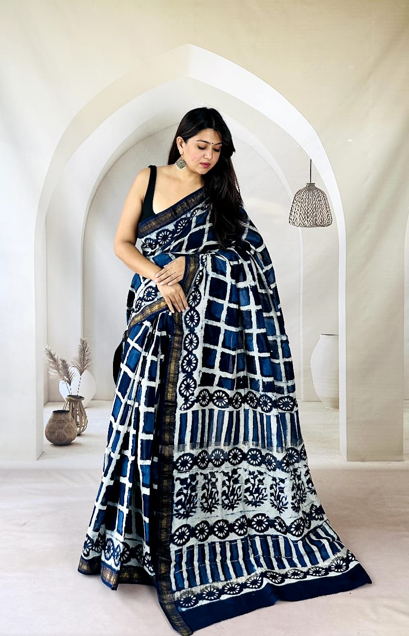 Indigo Chowkadi Checked Hand Block Printed Maheshwari Silk Saree 1087