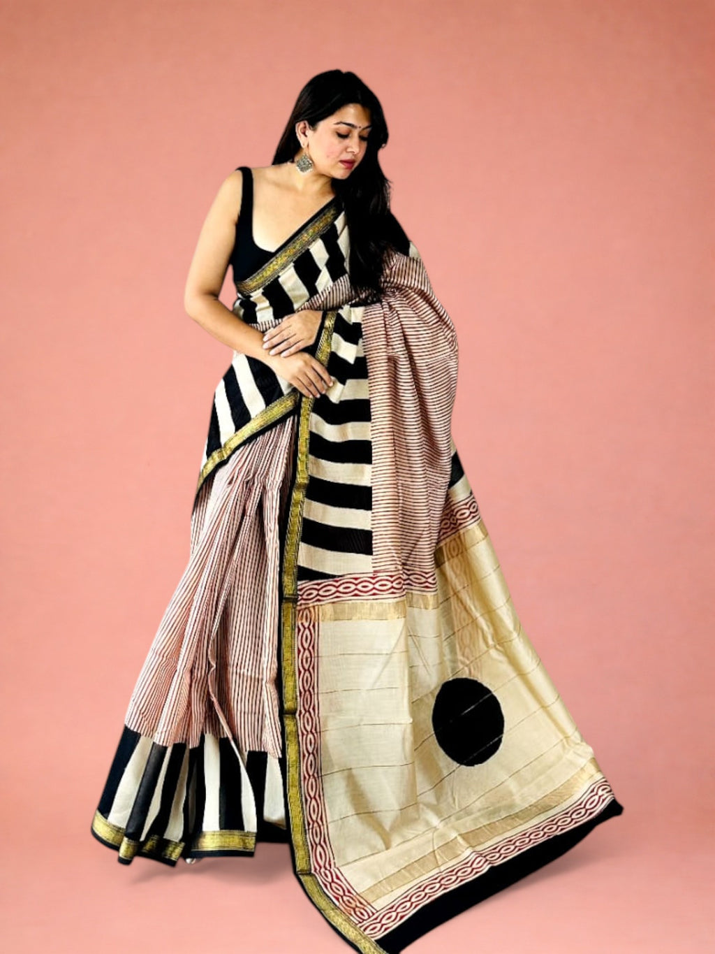 Rekha Chand Noir Striped & Polka Hand Block Printed Maheshwari Silk Saree 1088
