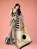 Rekha Chand Noir Striped & Polka Hand Block Printed Maheshwari Silk Saree 1088
