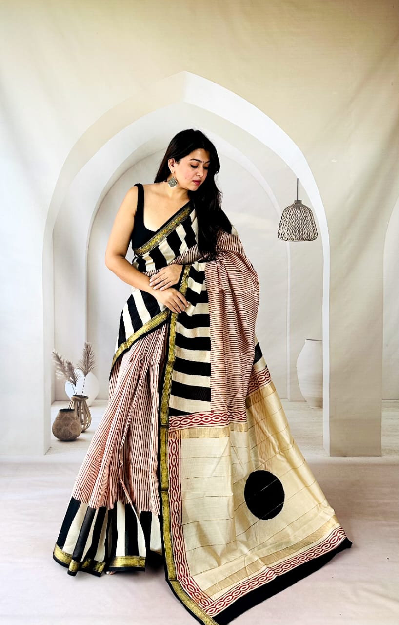 Rekha Chand Noir Striped & Polka Hand Block Printed Maheshwari Silk Saree 1088