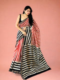 Tri-Rang Rekha Striped Hand Block Printed Maheshwari Silk Saree - 1089