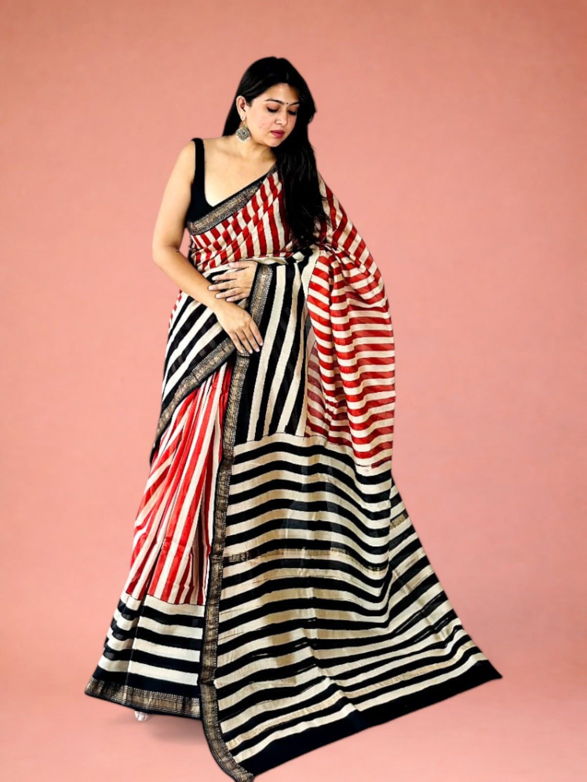 Tri-Rang Rekha Striped Hand Block Printed Maheshwari Silk Saree - 1089