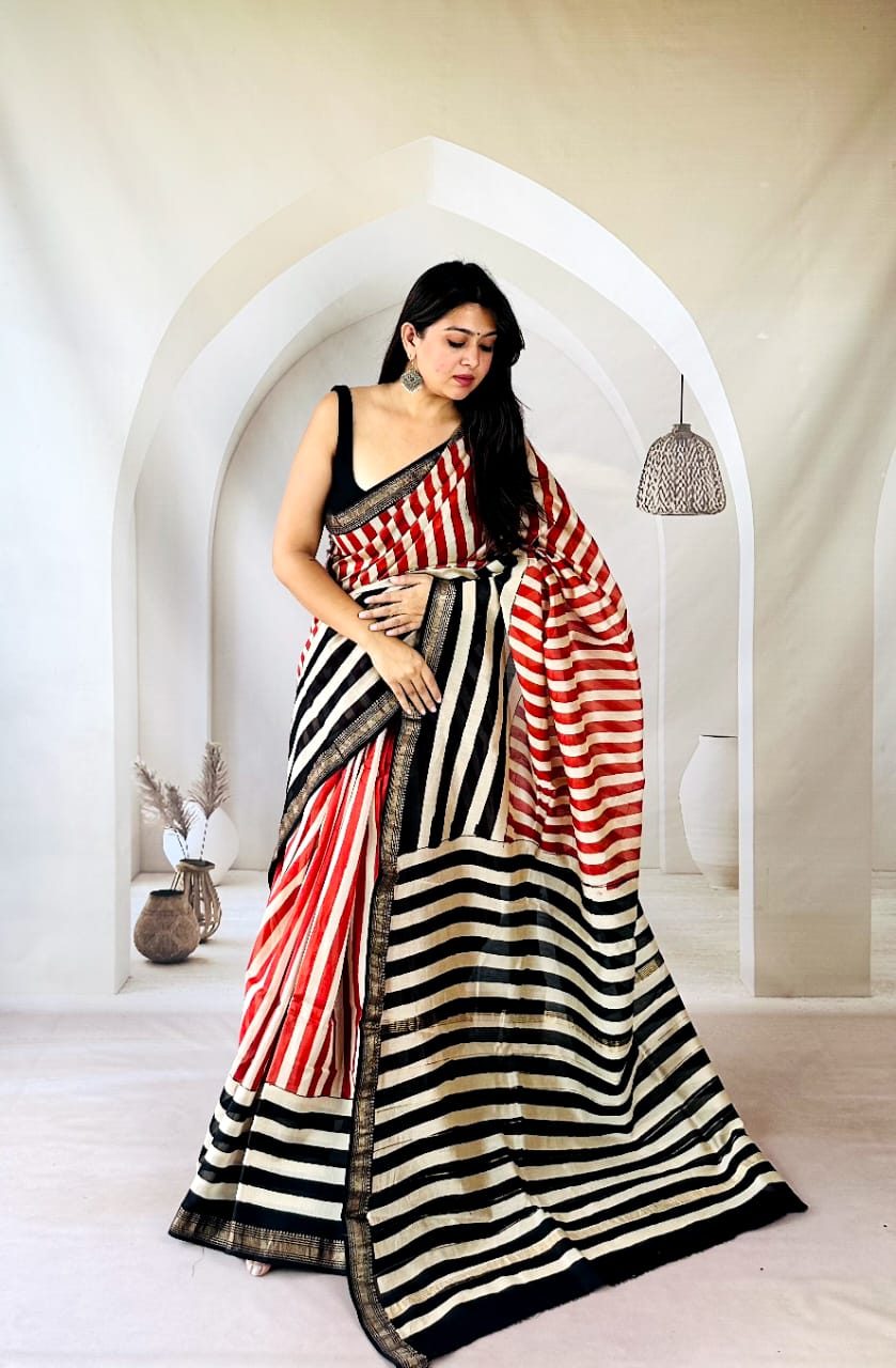 Tri-Rang Rekha Striped Hand Block Printed Maheshwari Silk Saree - 1089