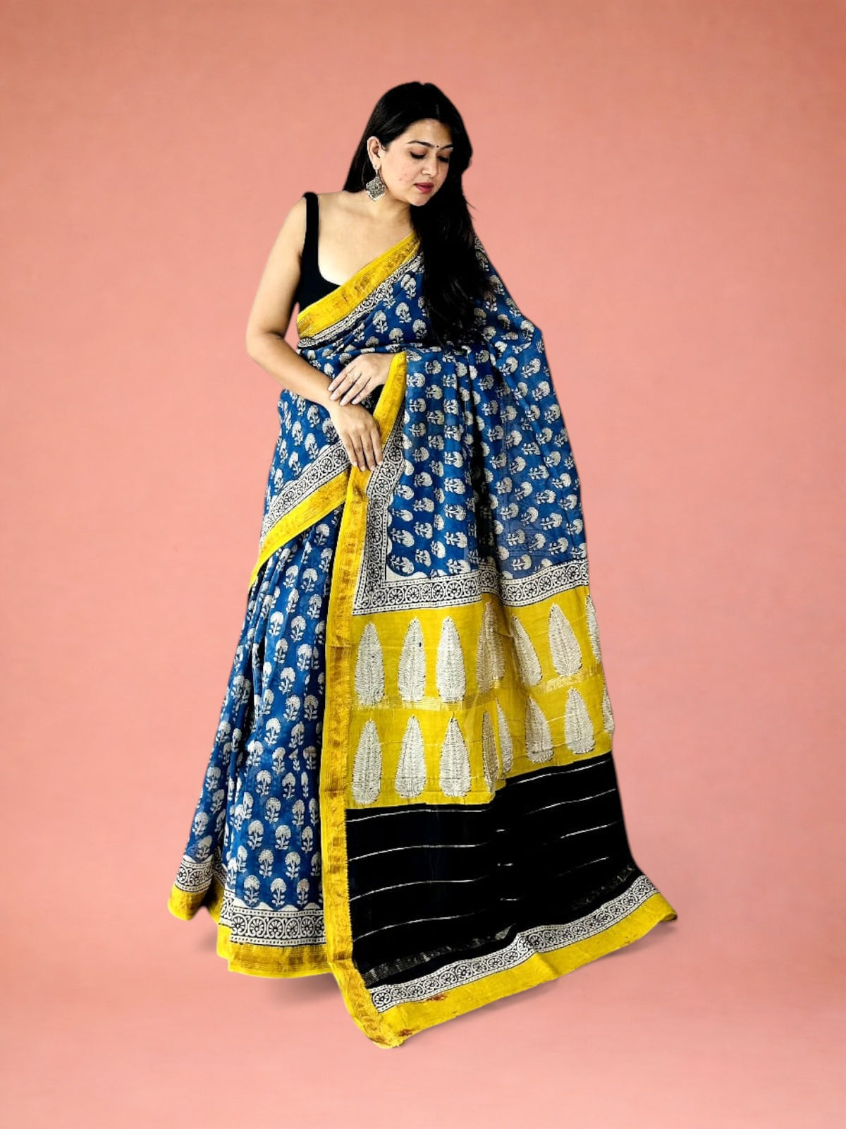 Neel-Amaltas Floral Hand Block Printed Maheshwari Silk Saree 1090