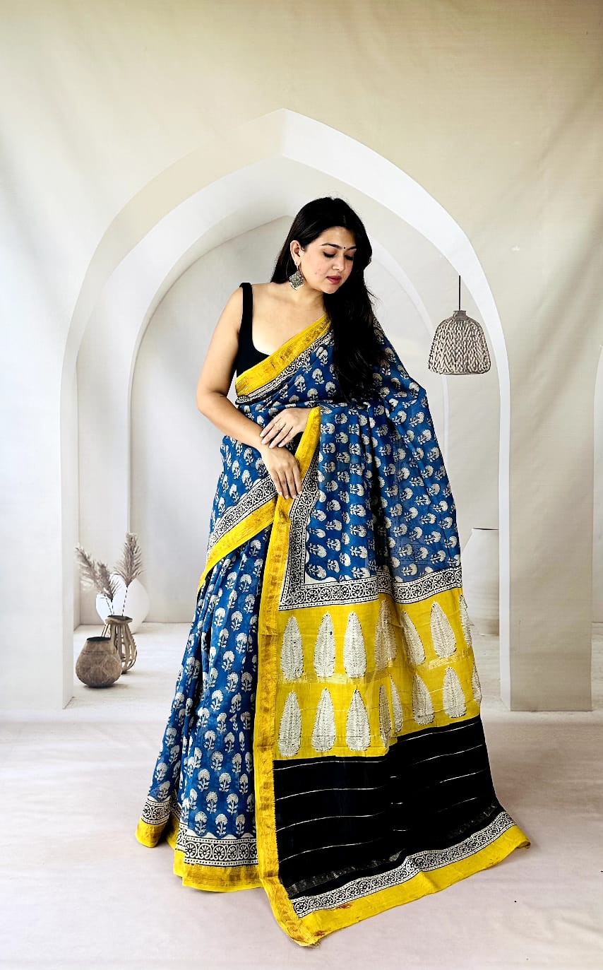 Neel-Amaltas Floral Hand Block Printed Maheshwari Silk Saree 1090