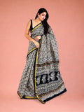 Exclusive Hand Block Printed Maheshwari Silk Saree in Syahi Ivory