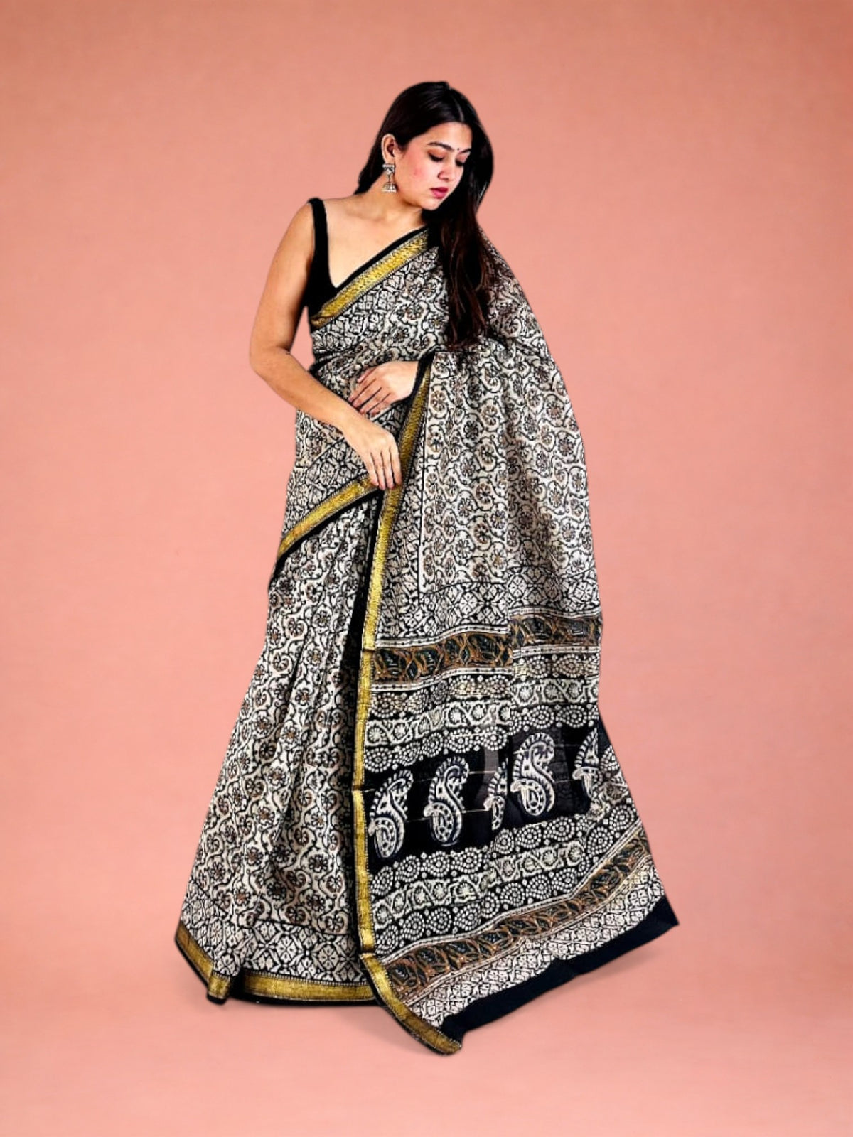 Exclusive Hand Block Printed Maheshwari Silk Saree in Syahi Ivory