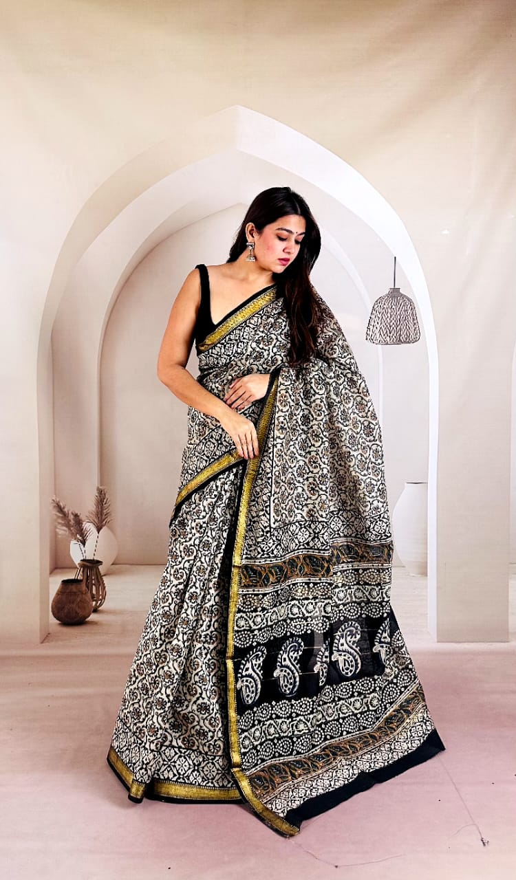 Exclusive Hand Block Printed Maheshwari Silk Saree in Syahi Ivory