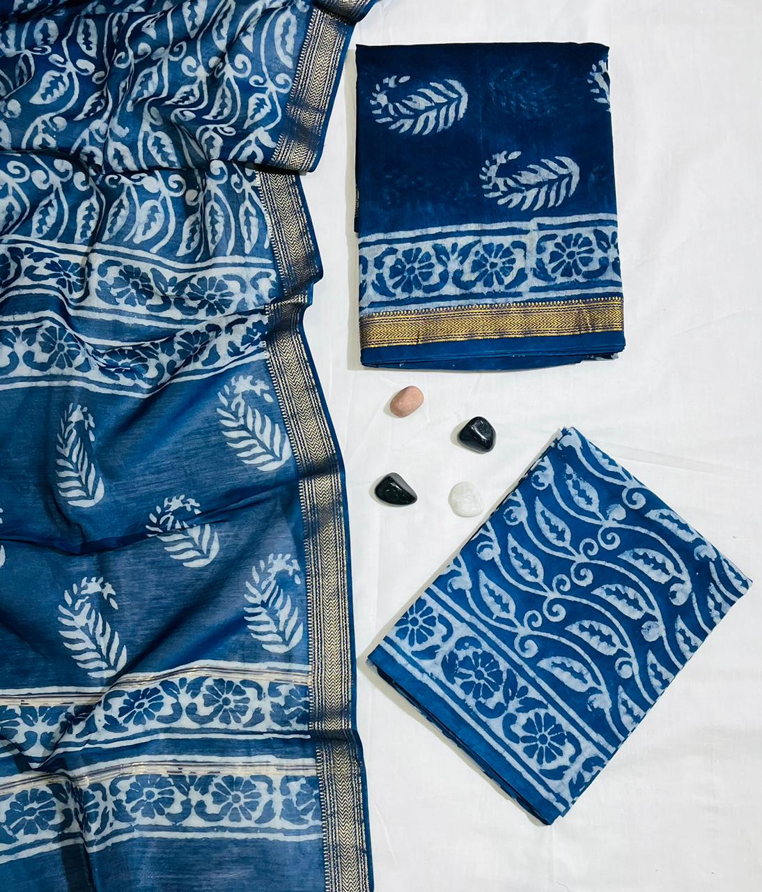 Handcrafted Indigo Blue Floral Hand-Block Printed Maheshwari Silk Unstitched Suit
