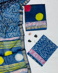 Contemporary Geometric Print Hand Crafted Dark Blue Maheshwari Silk Unstitched Suit