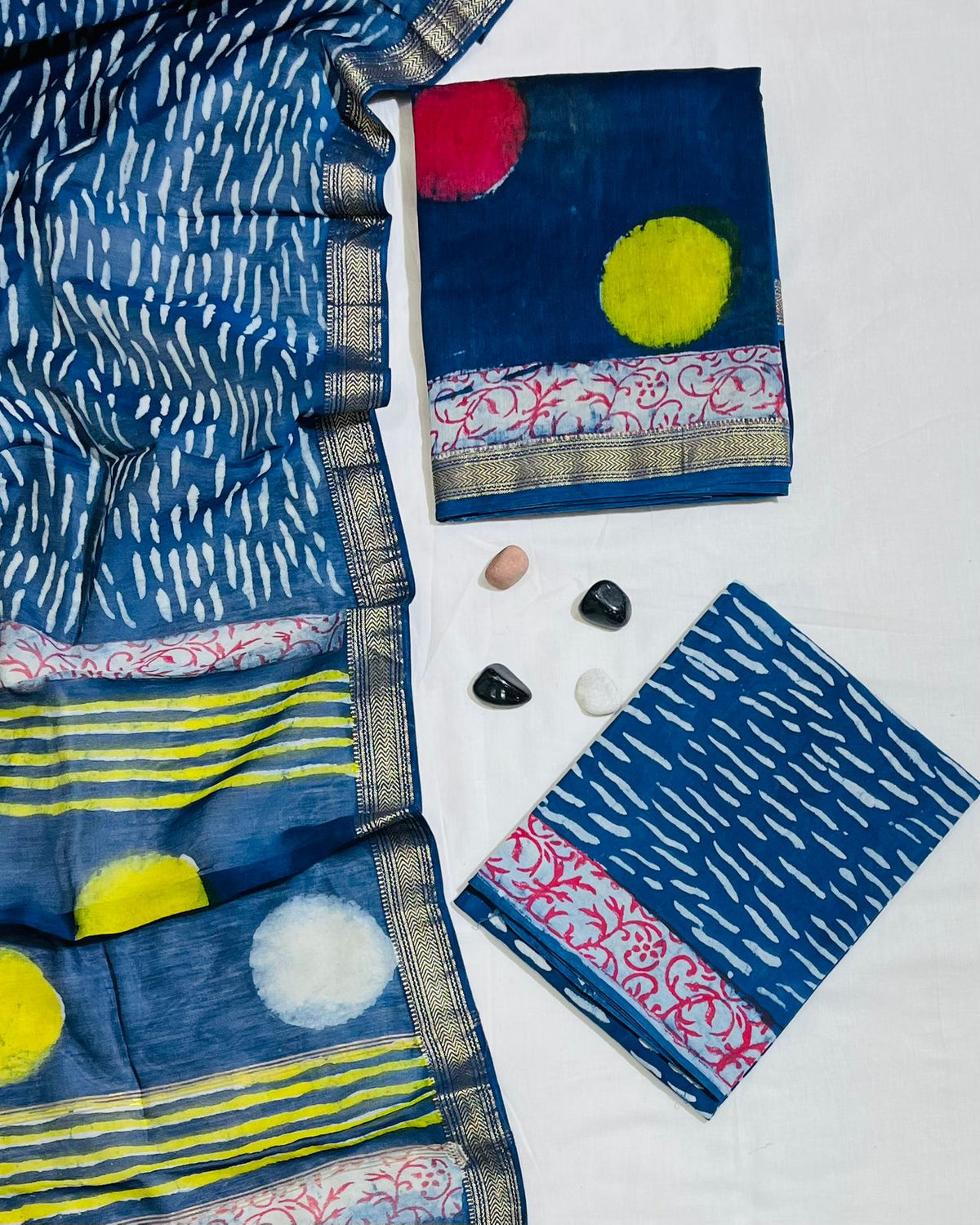 Contemporary Geometric Print Hand Crafted Dark Blue Maheshwari Silk Unstitched Suit