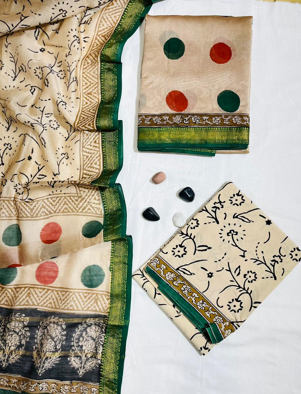 Elegant Botanical Hand-Block Printed Beige Authentic Pure Maheshwari Silk Unstitched Suit (03 Piece)