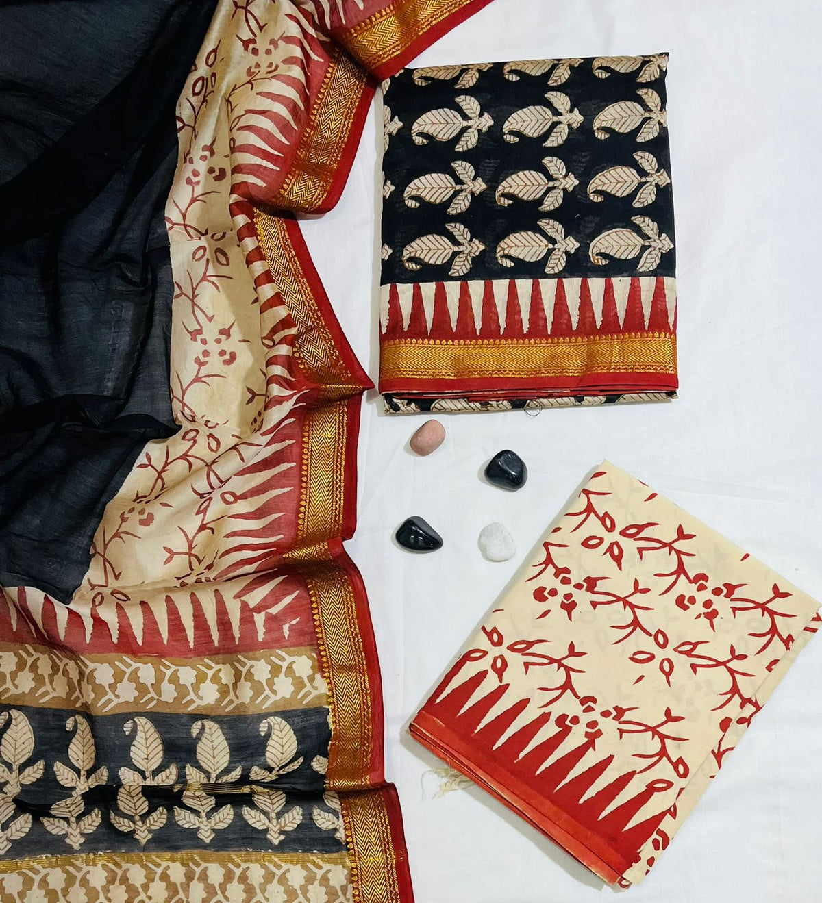 Traditional Black Paisley Block Printed Maheshwari Silk Unstitched Suit